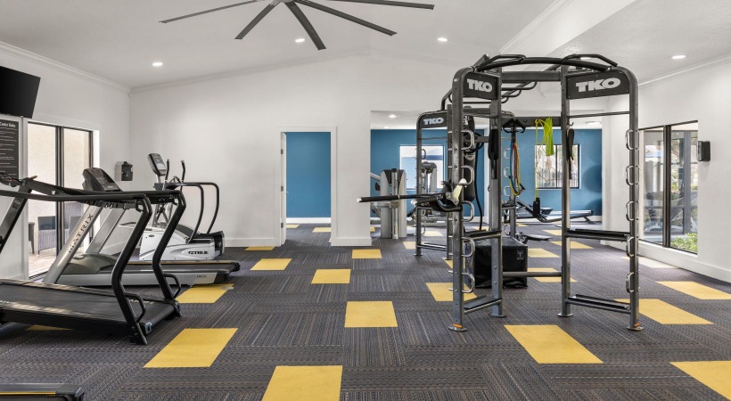 a gym with treadmills