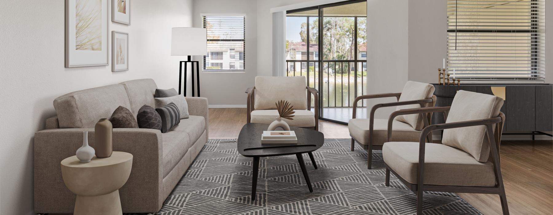 a living room with a large glass door